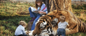 A giant tiger lays at the bottom of a tree, surrounded by children of all ages reading books.