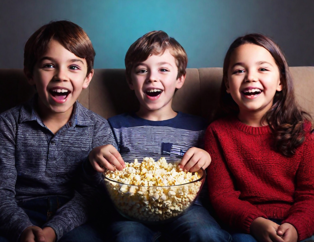 Two boys and a girl are watching a movie that they enjoy with a bowl of popcorn on the lap of the middle boy.