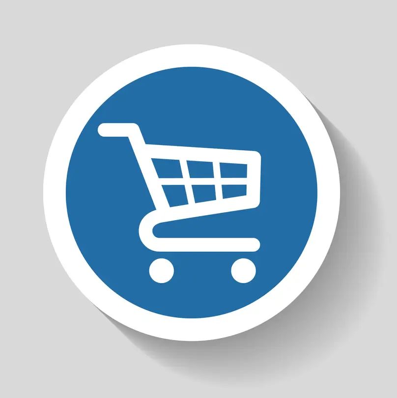 Graphic of a white shopping cart on a blue background, inside of a circle.