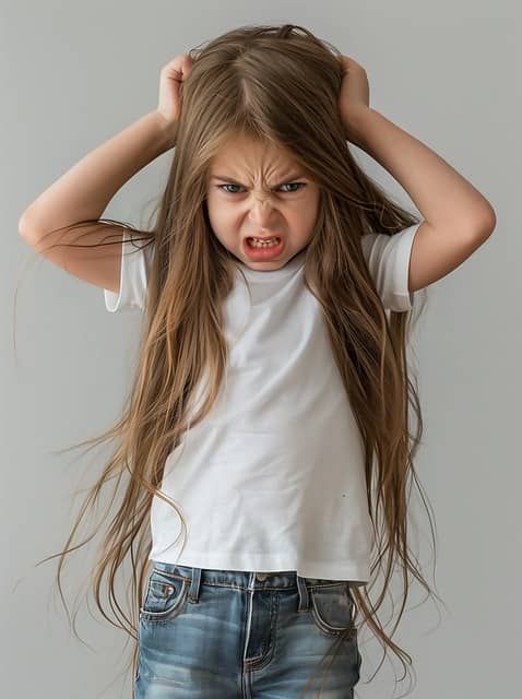 A little girl with long hair grips her head in frustration, pulling her hair.