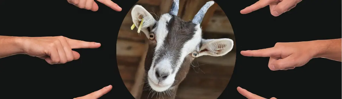 black background, a goat's head is seen in a circle with hands pointing to the goat from either side.