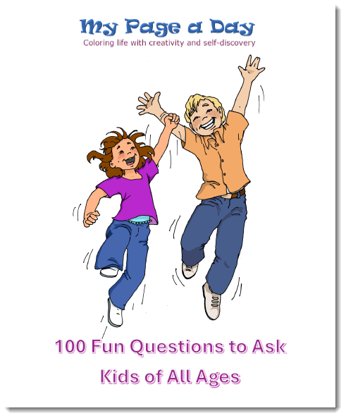 Cover of the free gift of 100 fun questions. Two cartoon children, a boy and a girl, jump for joy.