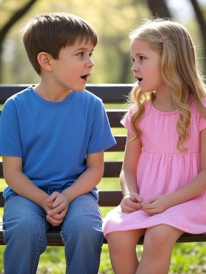 AI image of a boy about 7 years old, wearing a blue shirt, talking to a blonde girl wearing a pink dress as they sit on a parking bench enjoying their conversation