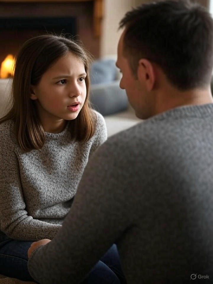 A young girl talks to her dad about something important to her.