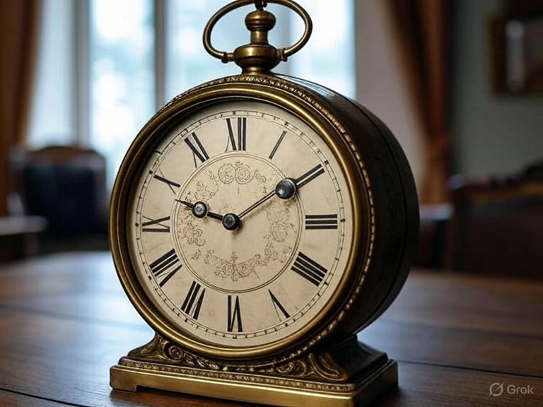 AI image of a older clock sitting on a table with Roman numerals for the clock face