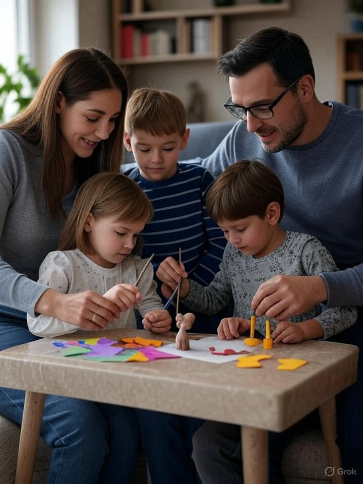 AI family of five including Mom and Dad who are playing with their three small children, two boys and a girl. They are involved in an activity of stacking colorful blocks.