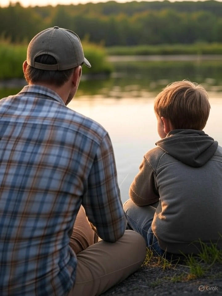 The backs of a father wearing a baseball cap and hs young son are seen, sitting on a pier with a pond in front of them