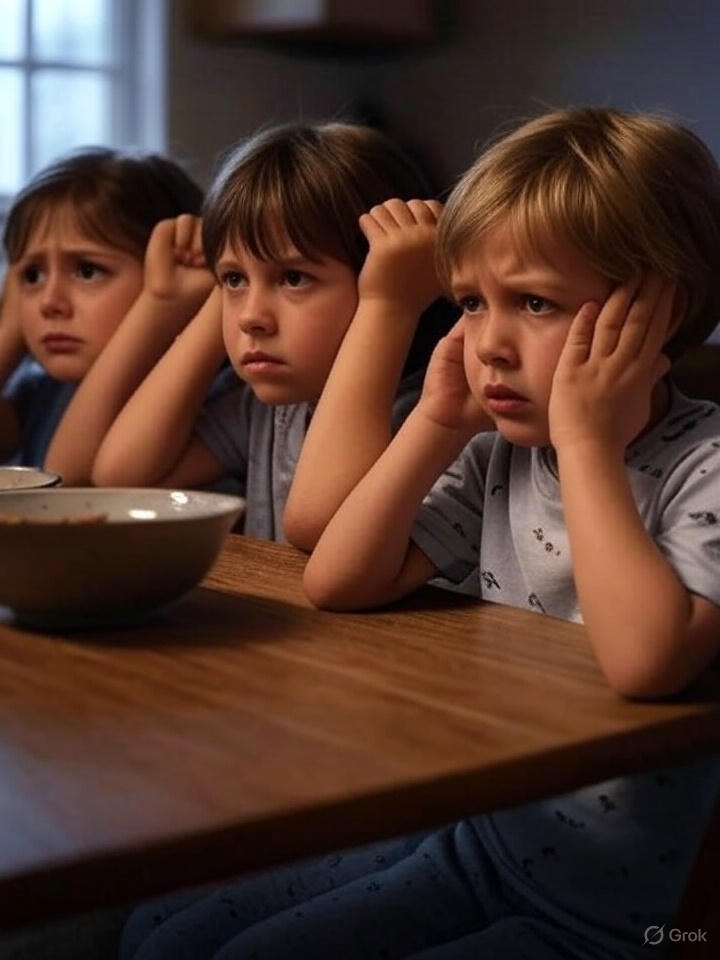 AI image of three young boys covering their ears with their hands. A breakfast bowl is on the table in front of them. They don't want to hear what is happening in the room which is not visible.