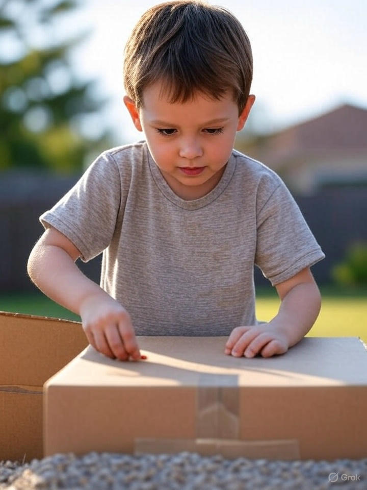 AI image of a little boy of five years, wearing a gray t-shirt, who is focusing on removing the shipping tape off of a sealed box.