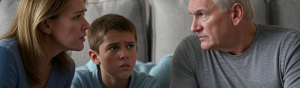 AI image of two parents having a difficult conversation with their young son. The mother and child have worried expressions, the father is delivering the sober news.