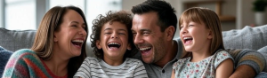 AI image of a family sitting on a couch. The Mother is to the far right and is facing her family laughing hysterically her 6 year old son is laughing with his head back, Dad's face is close to his son, and he too is laughing, and to the far right is their 10 year old daughter laughing.