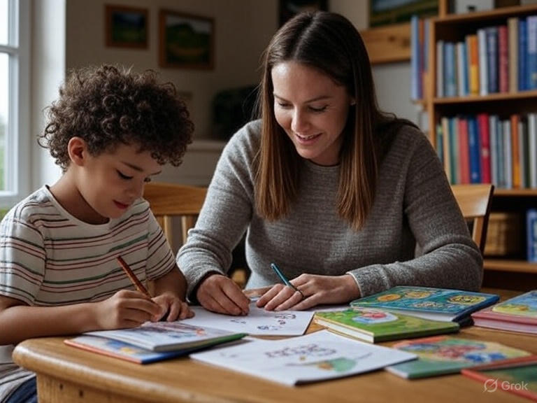 A Caucasian Mom and her mixed race son are surrounded by books as they color and write their own stories.