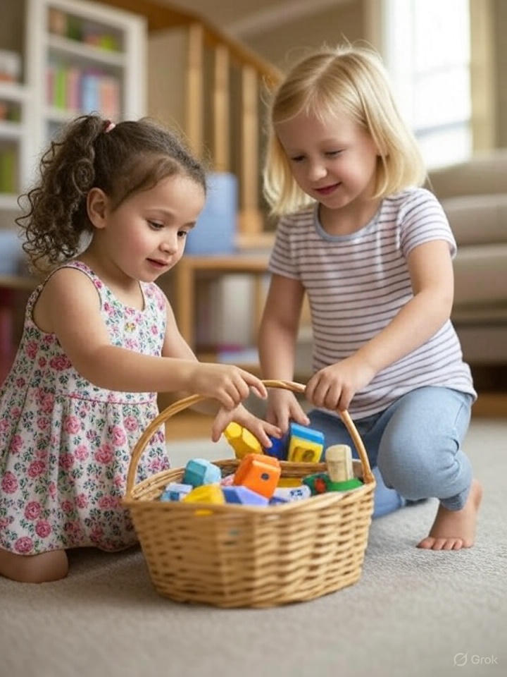 Two young girls put toys into a basket.