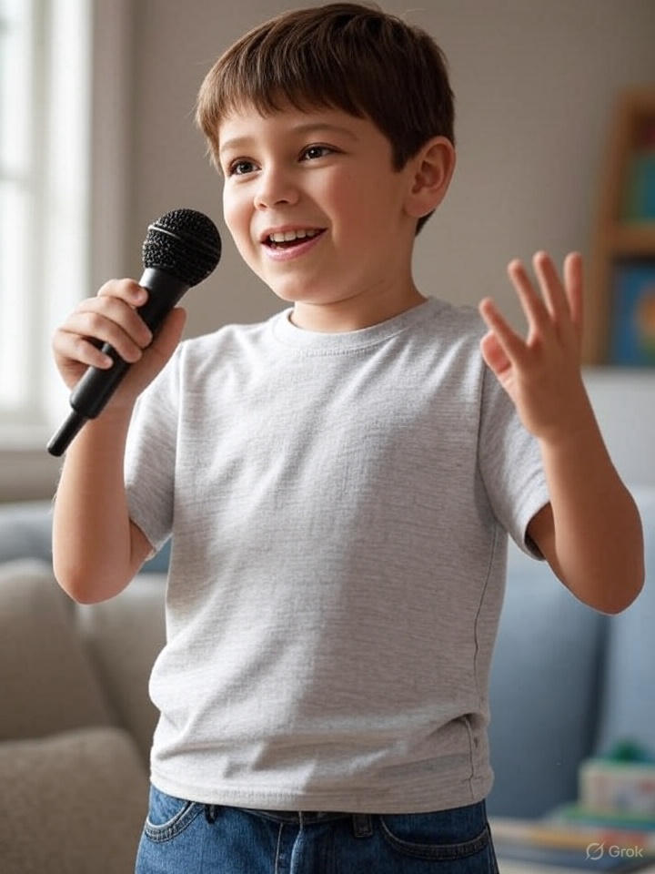 A nine year old boy wearing a white t=-shirt, tells a story over a microphone. He is happy and animated.