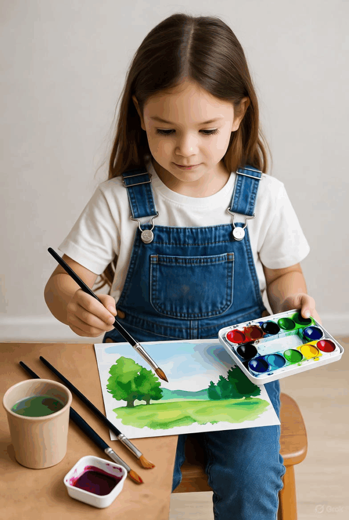 Vibrant child painting watercolor landscape with watercolors, brushes, and art supplies, sitting at a wooden table, demonstrating creativity and art education for kids.