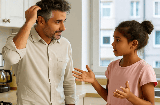 A man listening to a young girl chat suggestively in a well-lit kitchen, emphasizing family communication and daily interaction.