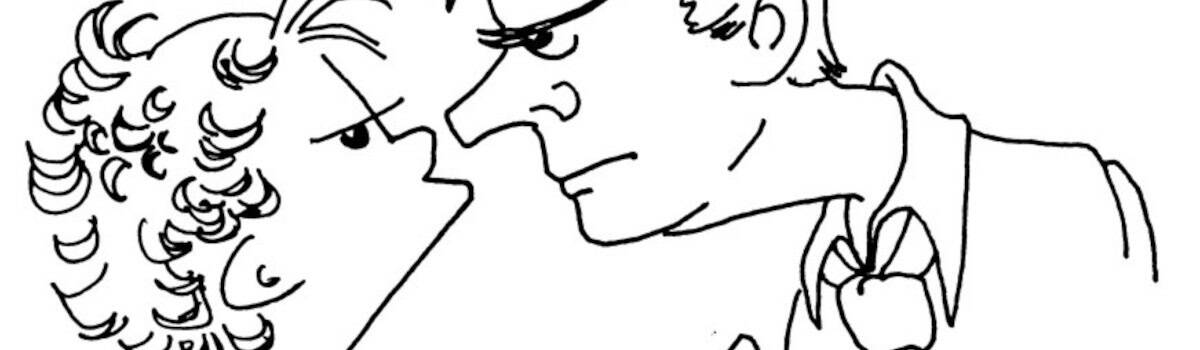 Close-up line drawing of an intense confrontation between two individuals, emphasizing emotion and facial expression. Perfect for illustrating conflict or drama in storytelling, with a focus on expressive art.